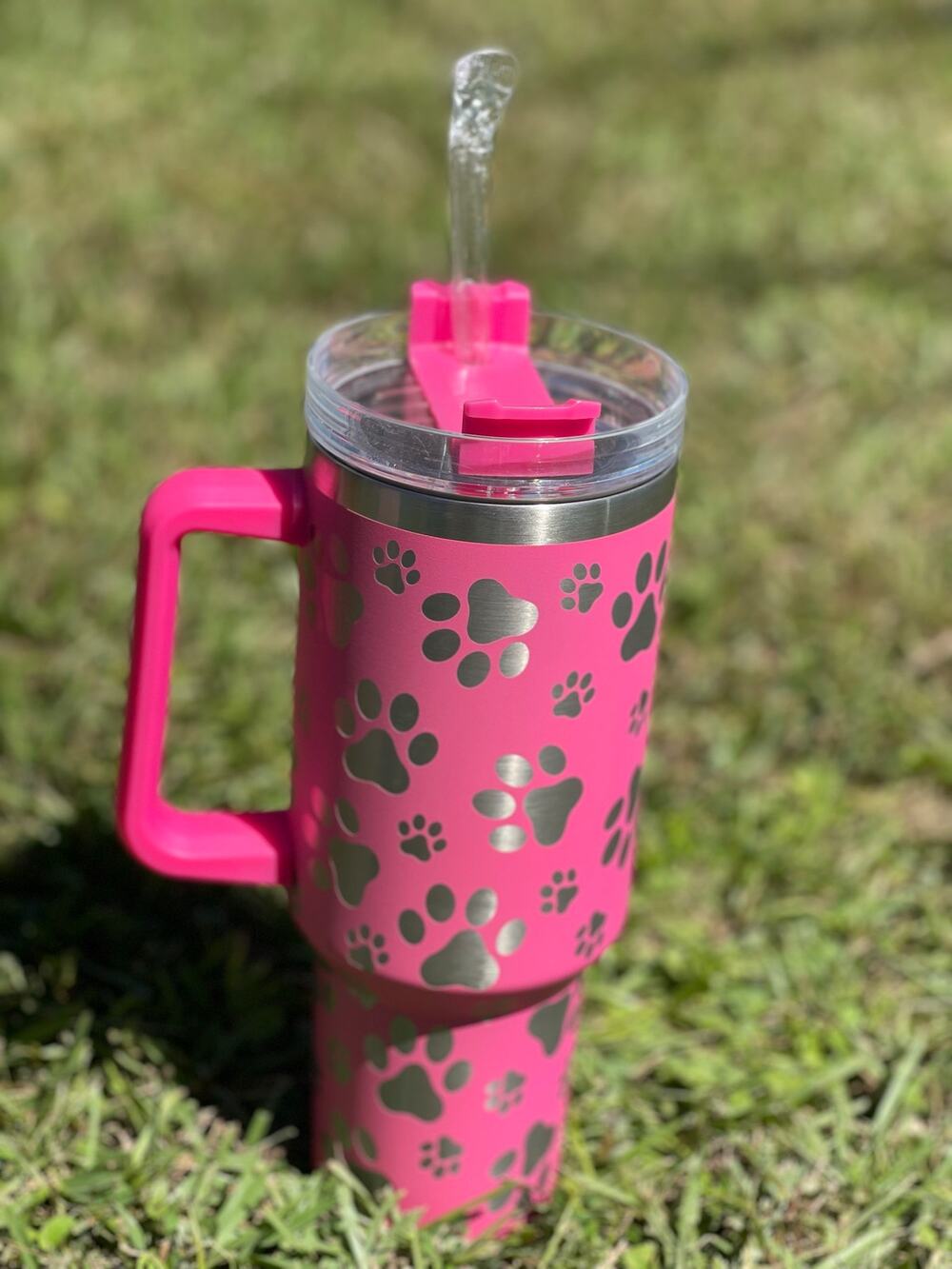 40oz Paw Print Stainless Steel Tumbler w/ handle and straw Hot Pink